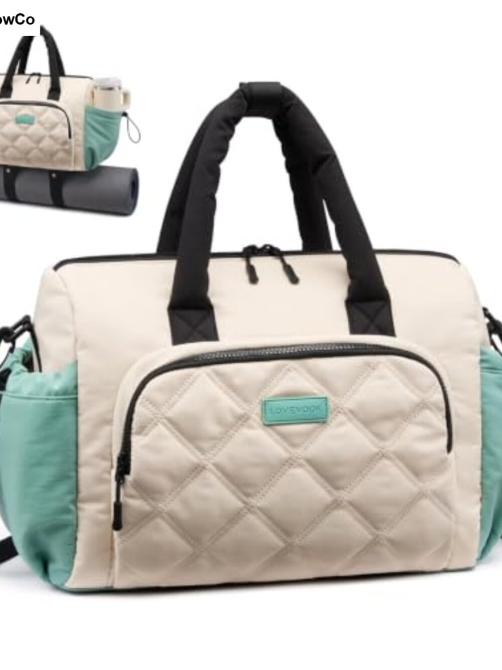Quilted Polyester Gym Bag with Water Bottle Pocket, Yoga Mat Strap, Shoe
